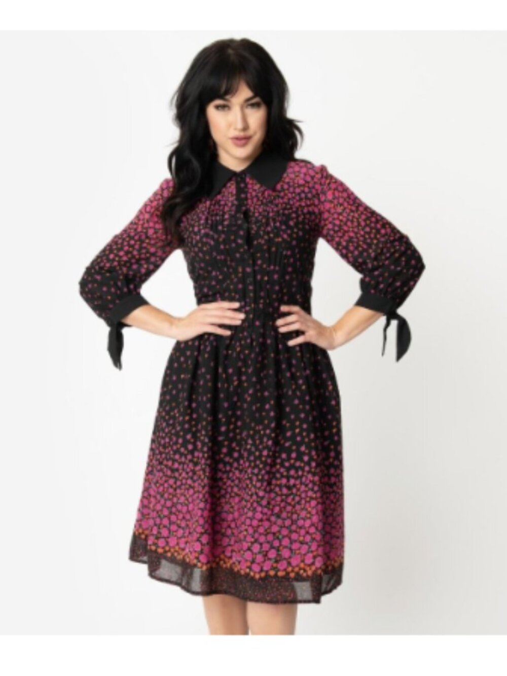 Unique Vintage Meredith Dainty Floral Shirt Dress Tie Sleeve Retro Pinup Medium